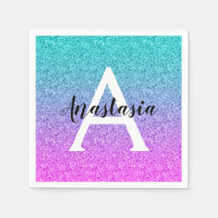 Glam Lila Aqua Glitzer Sparkle Gradient Monogram Serviette