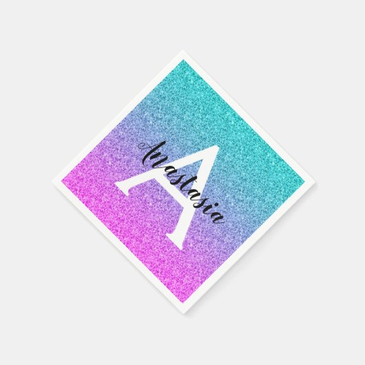 Glam Lila Aqua Glitzer Sparkle Gradient Monogram Serviette (Ecke)