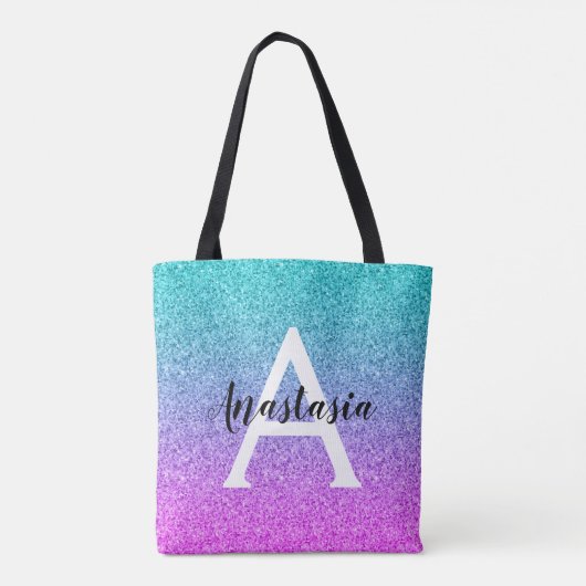 Glam Lila Aqua Glitzer Sparkle Gradient Monogram Tasche (Rückseite)