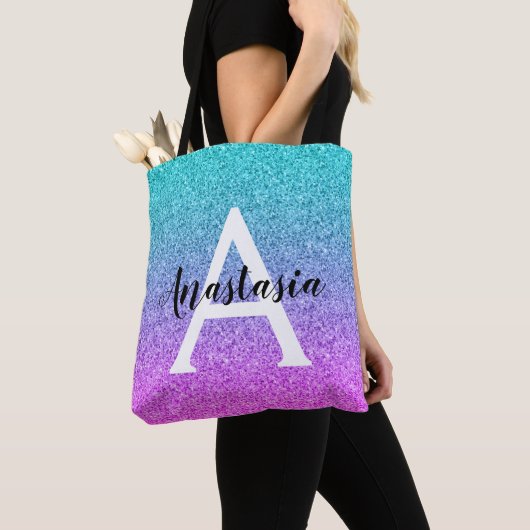 Glam Lila Aqua Glitzer Sparkle Gradient Monogram Tasche (Von Nahem)