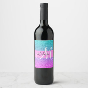 Glam Lila Aqua Glitzer Sparkle Gradient Monogram Weinetikett