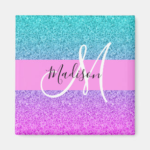 Glam Lila Aqua Glitzer Sparkle Gradient Monogramm Magnet