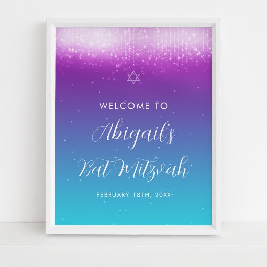 Glam Lila Aquamarin Bat Mitzvah Begrüßungszeichen Poster