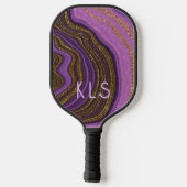 Glam Lila Black & Gold Glitzer Agate Monogram Pickleball Schläger (Rückseite)