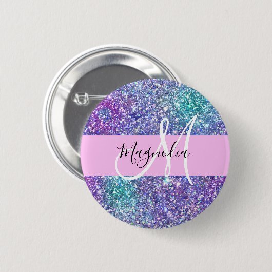 Glam Lila, Blue & Green Glitzer Sparkon Monogram Button (Vorne & Hinten)