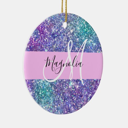 Glam Lila, Blue & Green Glitzer Sparkon Monogram Keramik Ornament (Rechts)