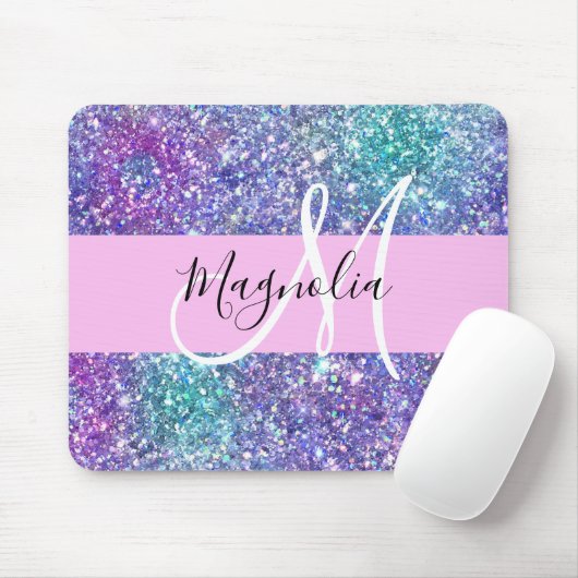 Glam Lila, Blue & Green Glitzer Sparkon Monogram Mousepad (Mit Mouse)