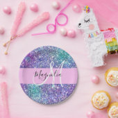 Glam Lila, Blue & Green Glitzer Sparkon Monogram Pappteller (Party)