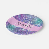 Glam Lila, Blue & Green Glitzer Sparkon Monogram Pappteller (Schrägansicht)