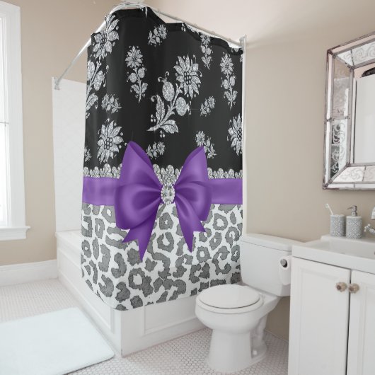 Glam Lila Bow-Gray Leopard-Silver Floral Sparkle Duschvorhang (Beispiel)