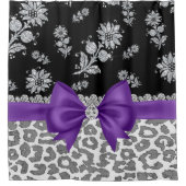 Glam Lila Bow-Gray Leopard-Silver Floral Sparkle Duschvorhang (Vorderseite)