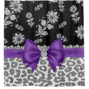 Glam Lila Bow-Gray Leopard-Silver Floral Sparkle Duschvorhang