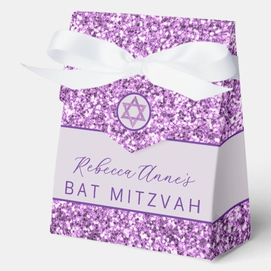 Glam Lila Chic Imitats Glitzer Bat Mitzvah Party Geschenkschachtel (Vorderseite)