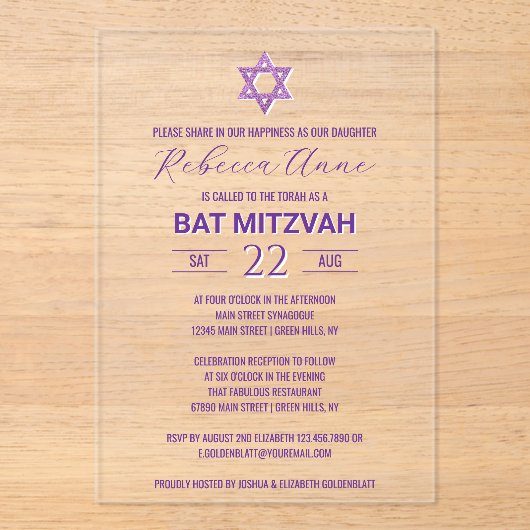 Glam Lila Chic Traditionelles Elegant Bat Mitzvah Acryleinladungen (Vorderseite)