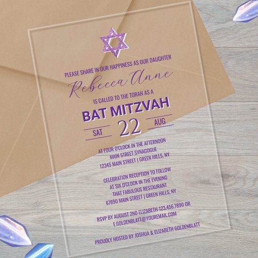 Glam Lila Chic Traditionelles Elegant Bat Mitzvah Acryleinladungen
