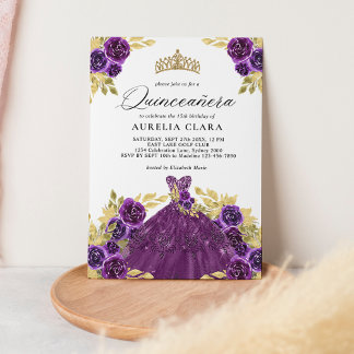 Glam Lila Dress Floral 15. Quinceañera Einladung