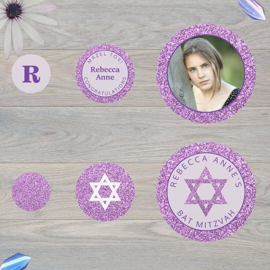 Glam Lila Elegante Girl Foto Bat Mitzvah Party Konfetti