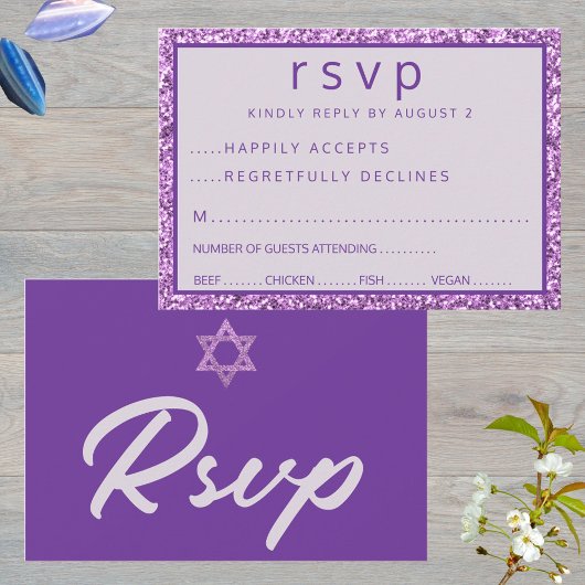 Glam Lila eleganter Star von David Bat Mitzvah RSVP Karte