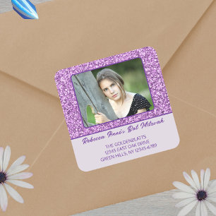 Glam Lila elegantes Foto für ihr Bat Mitzvah Quadratischer Aufkleber