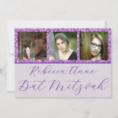 Glam Lila Elegantes Script 3 Foto Bat Mitzvah Einladung (Vorderseite)