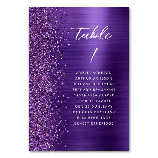 Glam Lila Glitzer Metallic Script Wedding Tischnummer (Rückseite)