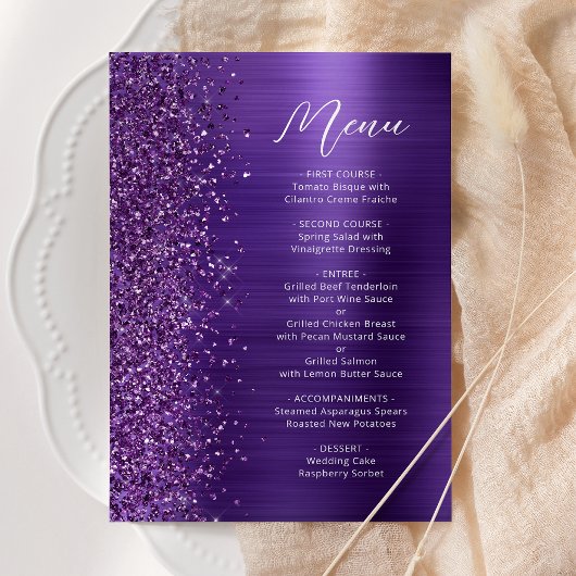 Glam Lila Glitzer Script Wedding Menükarte