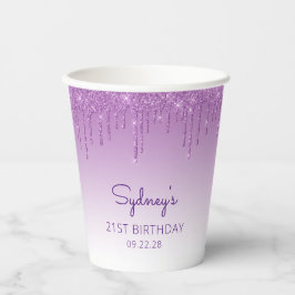 Glam Lila Glitzer Tropfen 21. Geburtstag Party Pappbecher