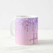 Glam Lila Glitzer Tropfen Elegantes Monogramm Kaffeetasse (Vorderseite Links)