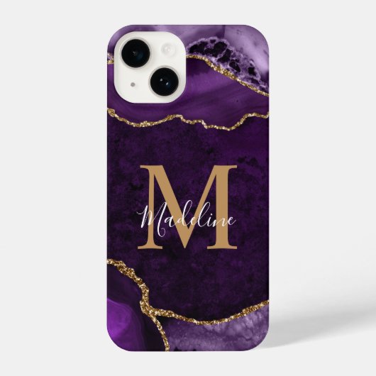 Glam Lila Gold Agate Geode Monogram iPhone Hülle (Rückseite)