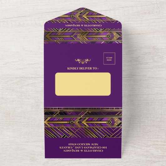 Glam Lila & Gold Gatsby Art Deco 1920er Hochzeit All In One Einladung (Außenbereich)