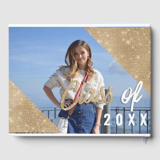 Glam Lila Gold Glitzer Border Foto Abschluss Gästebuch (Rückseite)