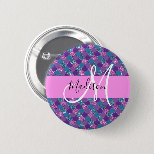 Glam Lila Mermaid Glitzer Glitzern Monogram Name Button (Vorne & Hinten)