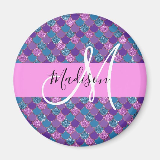 Glam Lila Mermaid Glitzer Glitzern Monogram Name Magnet (Vorne)