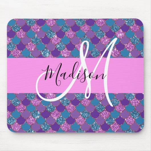 Glam Lila Mermaid Glitzer Glitzern Monogram Name Mousepad (Vorne)