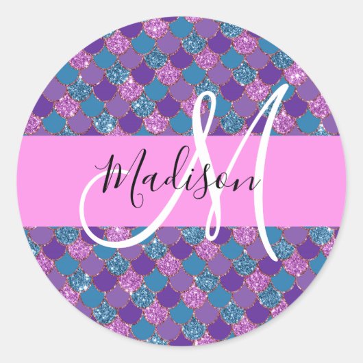 Glam Lila Mermaid Glitzer Glitzern Monogram Name Runder Aufkleber (Vorderseite)