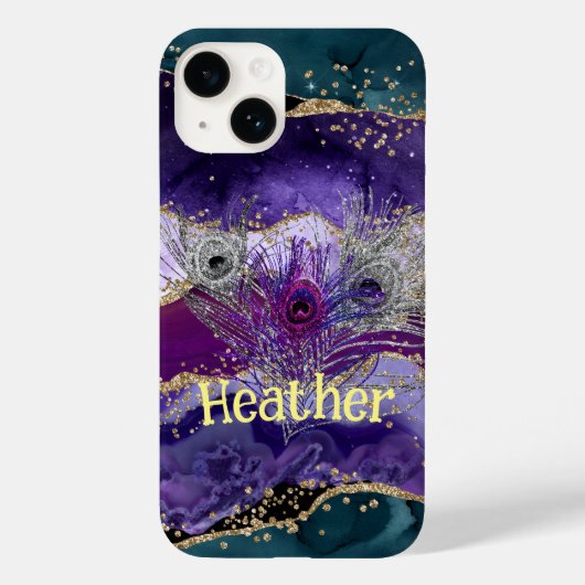 Glam Lila Peacock Agate Feathered Case-Mate iPhone Hülle (Rückseite)