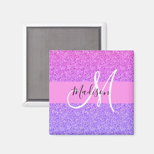 Glam Lila rosa Glitzer Sparkle Gradient Monogram Magnet (Vorderseite/Rückseite)