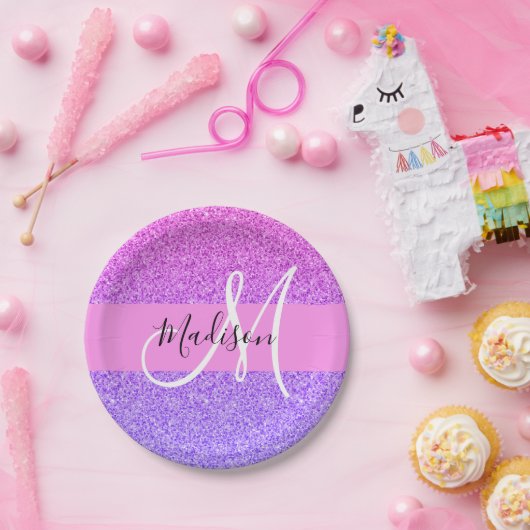 Glam Lila rosa Glitzer Sparkle Gradient Monogram Pappteller (Party)