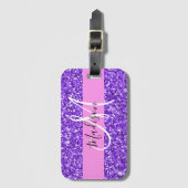Glam Lila & rosa Glitzer Sparkon Monogram Name Gepäckanhänger (Vorderseite Vertikal)