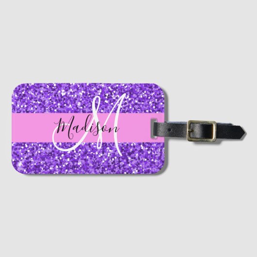 Glam Lila & rosa Glitzer Sparkon Monogram Name Gepäckanhänger (Vorderseite (Horizontal))