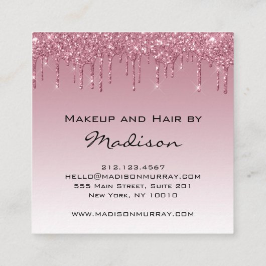 Glam Lila Rose Gold Glitzer Tropfen Makeup Artist Quadratische Visitenkarte (Rückseite)