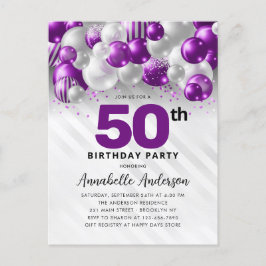 Glam Lila Silver Balloon Glitzer 50. Geburtstag Postkarte