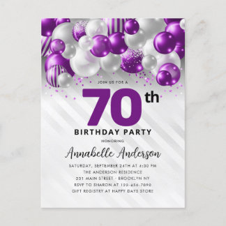 Glam Lila Silver Balloon Glitzer 70. Geburtstag Postkarte
