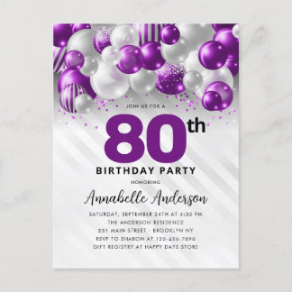 Glam Lila Silver Balloon Glitzer 80. Geburtstag Postkarte