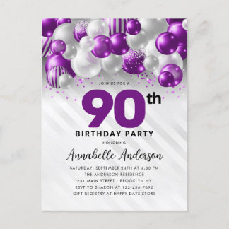 Glam Lila Silver Balloon Glitzer 90. Geburtstag Postkarte