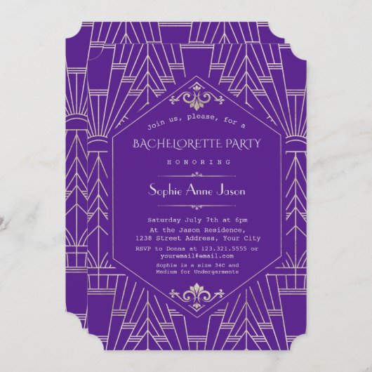 Glam Lila Silver Great Gatsby Junggeselinnen-Absch Einladung (Vorne/Hinten)