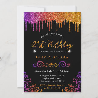 Glam Lila und Orange Glitzer 21. Geburtstag Einladung