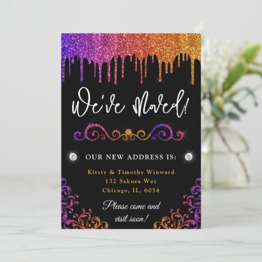 Glam Lila und Orange Gradient Glitzer Neue Zuhause Ankündigung (Stehend Vorderseite)
