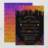 Glam Lila und Orange Gradient Glitzer Sweet 16 Einladung (Vorne/Hinten)