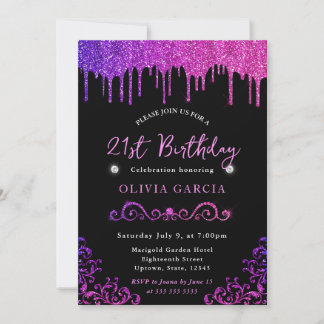 Glam Lila und rosa Glitzer 21. Geburtstag Einladung